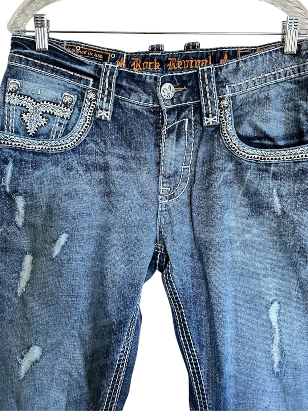 Rock Revival Ocean Straight Distressed Blue Jeans - Picture 3 of 10